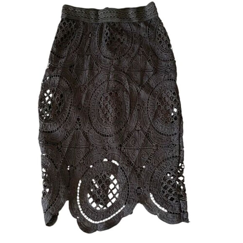 IRIS Womens Skirt Size Small Black Lace Midi Pencil Crochet Lined Modern Trendy